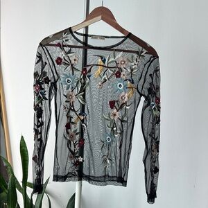 Zara Black Sheer Top with Floral Embroidery S